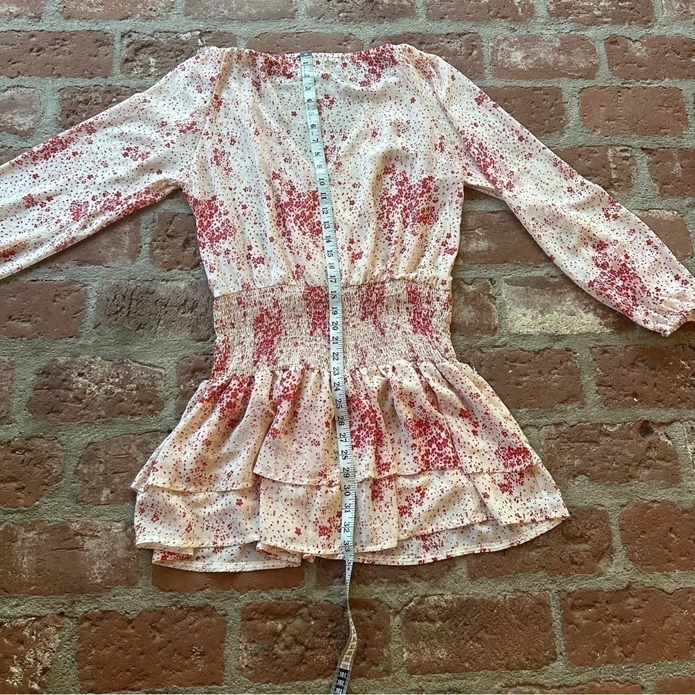 Princess Polly Cream & Red Floral Sheer V-Neck Wide Smocked Waist Mini Dress 8 - Picture 14 of 16